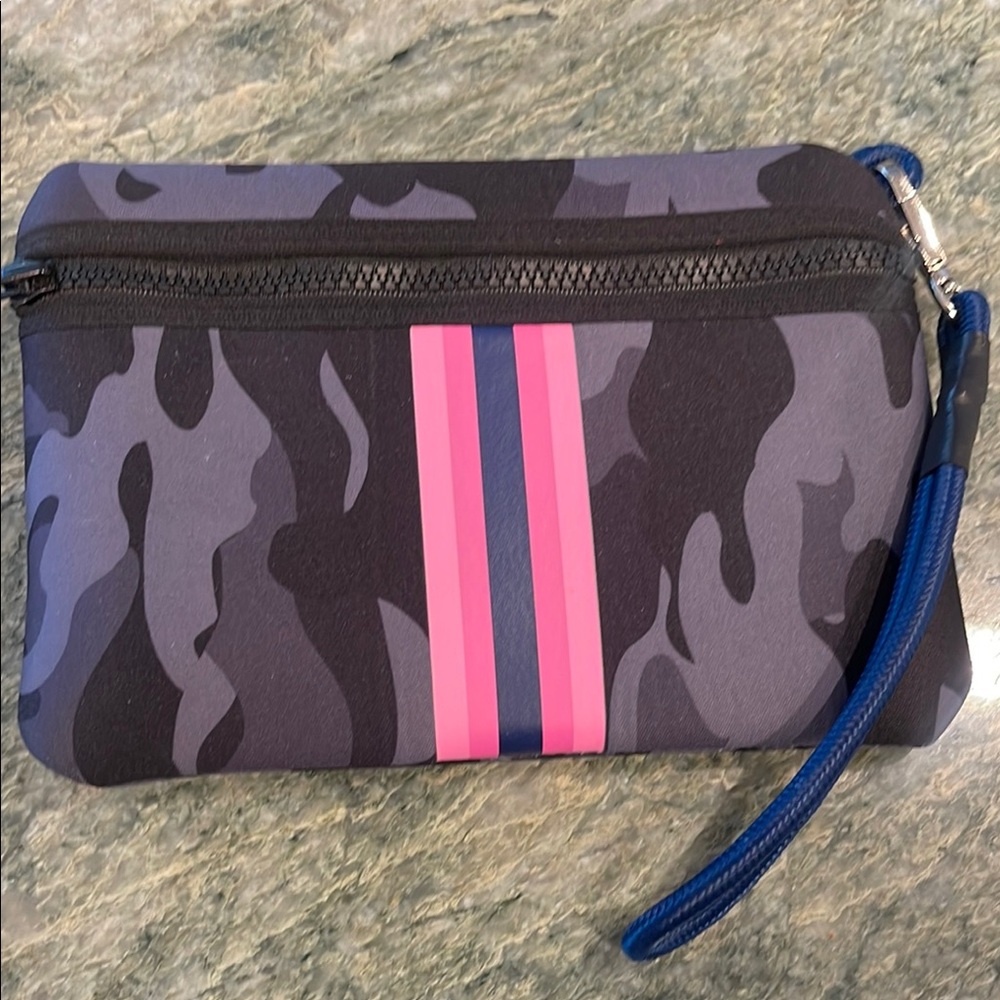 Haute Shore Neoprene wristlet pouch, gray camo with pink and blue stripe. 8”x6”